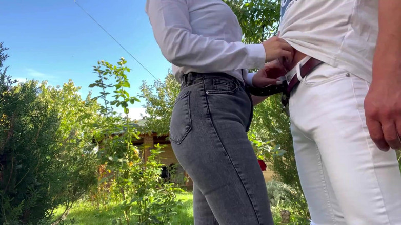 Femdom Sex: Blond Slut Blowjob with Facial in Garden