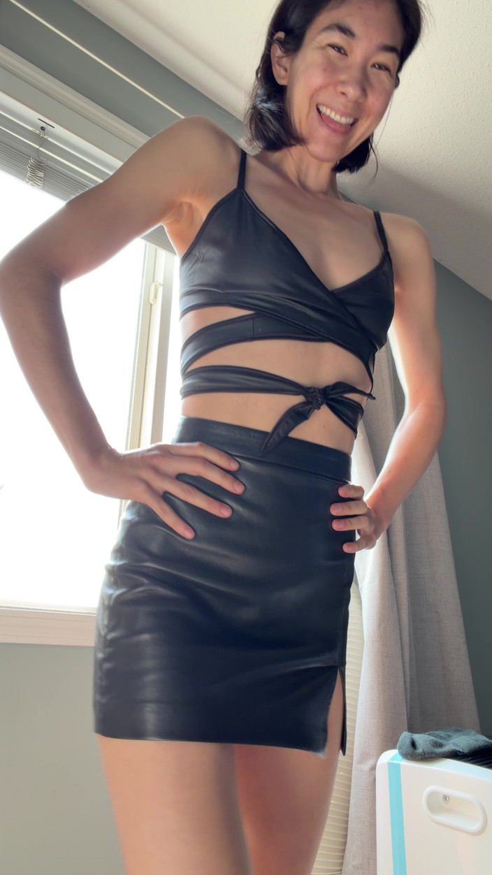Ms_Emmy_Lynn: Skinny Fit Asian Babe Models Leather Crop Top &amp; Mini Skirt