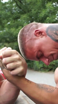 Three Blokes Compare Strength in Arm Wrestle