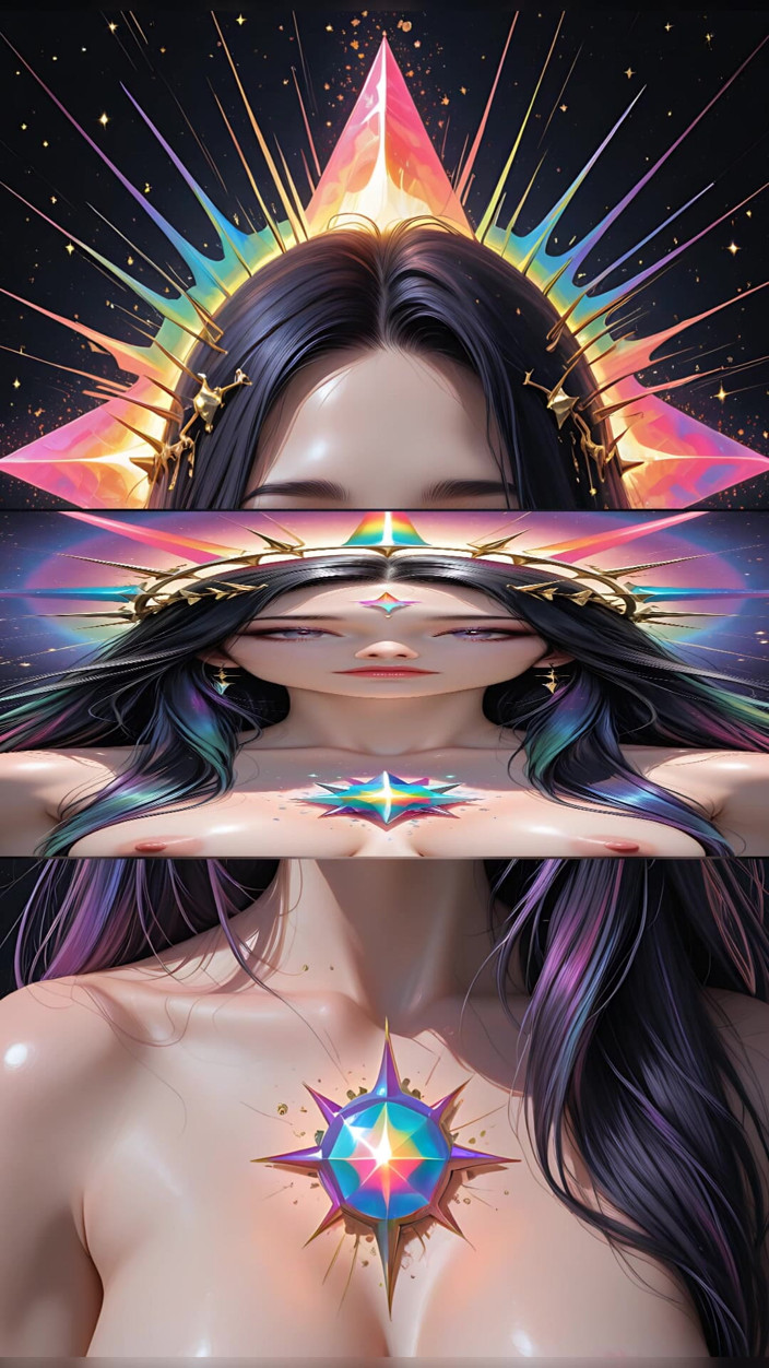 VelvetInk Studio: Gökkuşağı meraklısı gölge kahini kozmik fantezi güzellik ai art slayt...