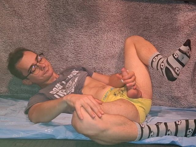 I Was Playing with My Cock After College, Wearing Yellow Underwear and Socks Which I've Covered with Cum! (The college boy)