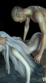 3D白髪コスプレモデルがグループセックスをする