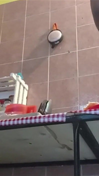 Ibu tiri montel menunjukkan tetek dan pepek berbulu di dapur