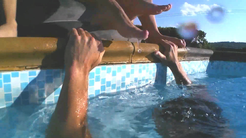 Foot Girls: Pool teens waterboarding foot domination fun!