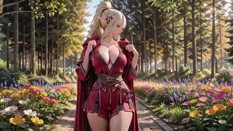 Seraphina Vale: Red Robe Elf Sorceress! Sun-dappled Forest Terrace, Kneeling Gaze That...
