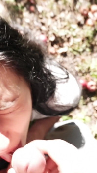 Outdoor submissive blowjob with massive cumshot on her face and eyes