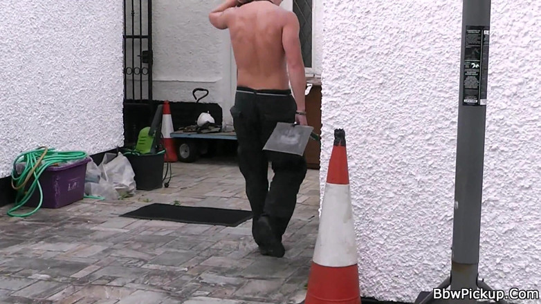 BBW Productions: Fat blonde in lingerie seduces a garden worker