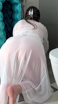 Stepmom Cleans the Bathroom in Her Sheer Dress. Slowly