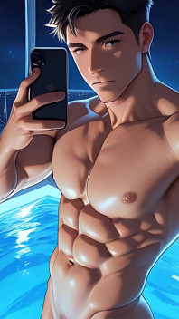 Chico de gimnasio desnudo erecto, selfie en el espejo de la piscina infinita