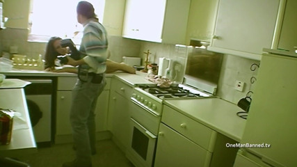 One Man Banned: Skinny British brunette posing in the kitchen
