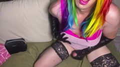 Rainbow Haired Sissy Jerks off and Eats Cum thumbnail