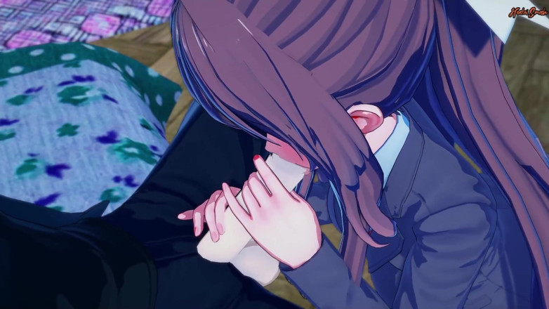 Hentai Smash: Monika schluckt eine ladung sperma, bevor sie doggystyle gefickt wird -...