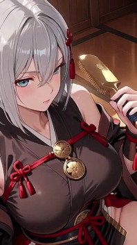 Red & Black Kimono Slightly Open, Dual Swords in Hand yet Undeniably Seductive.
