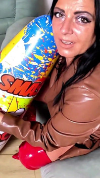 Dominant Leather MILF Inflatable Smash Fetish. Giant Hammer, Doggy, Cum Play and Popping