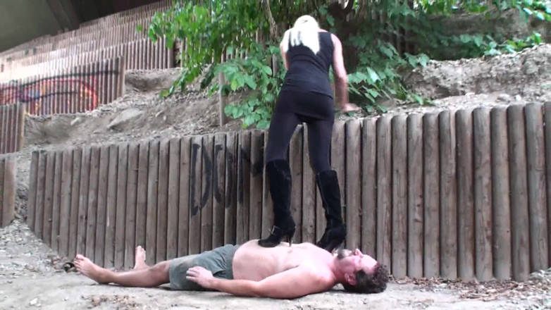 Femdom Austria: High heels trampling practice outdoors
