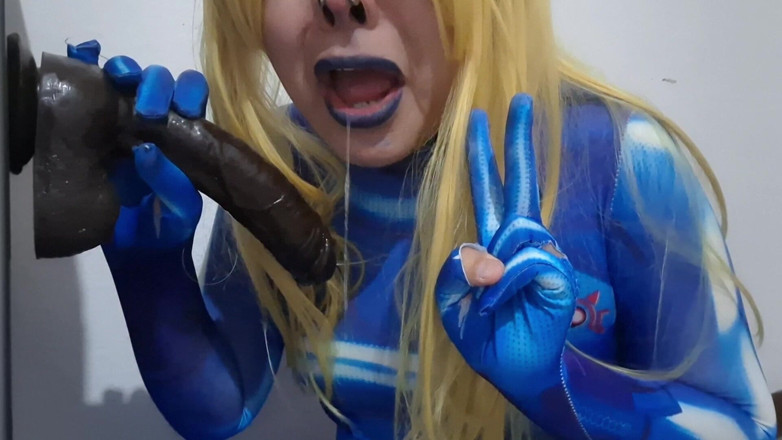 fermerino: Cute Samus Femboy with BDSM Nosehook Giving a Sloppy Blowjob...