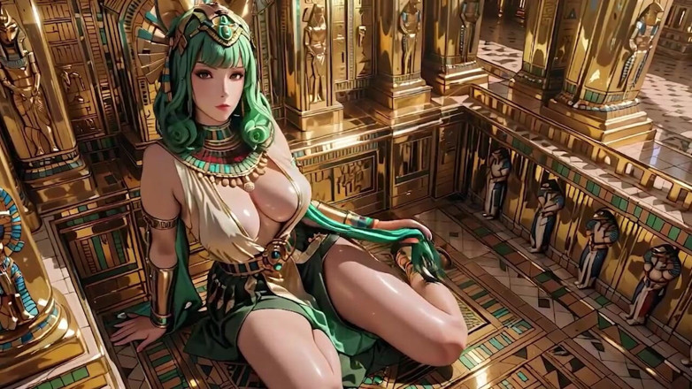 Seraphina Vale: Regina egiziana dai capelli verdi! Inginocchiata nella sala d'oro, sorvegliata...