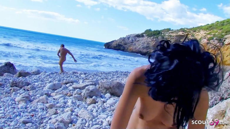 Full porn collection: Skinny teen Kathylee talks to man on the beach being...