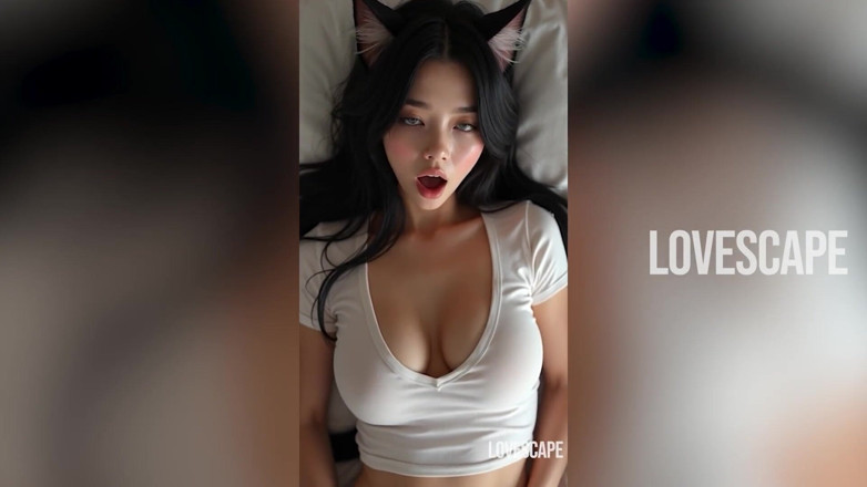 Lovescape: Napalona catgirl w sypialni Głośne jęki i błaganie kończy się...