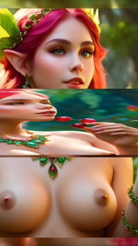 크랜베리를 가진 거유 누드 엘프 소녀