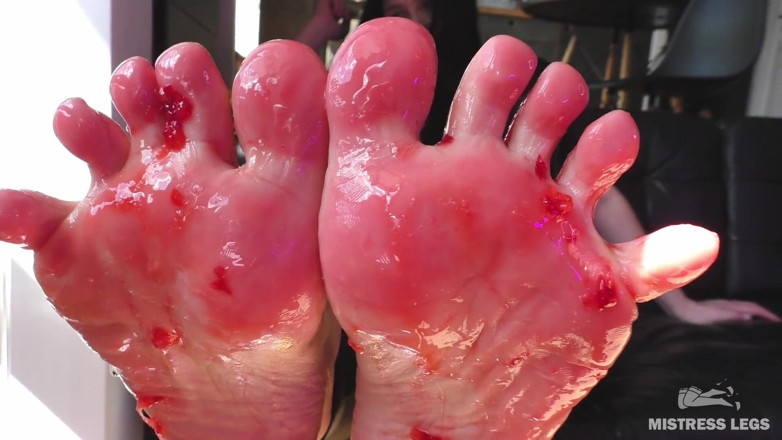 Mistress Legs: Mistress barefoot soles rubbing against the glass and squeezing strawberries