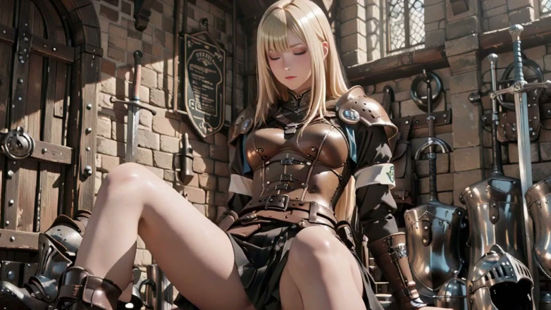 Seraphina Vale: Blonde Knight's Private Awakening! Kneeling in the Castle Courtyard, Sunlight...