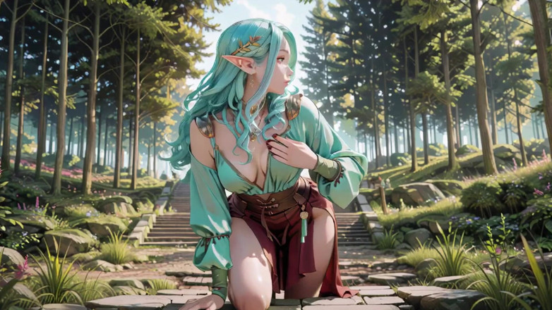 Seraphina Vale: Fantasía en el bosque! Mage de pelo verde y elfo...
