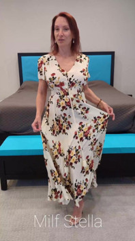 Long Floral Dress, White Toes and Tan Mule Heels Try on