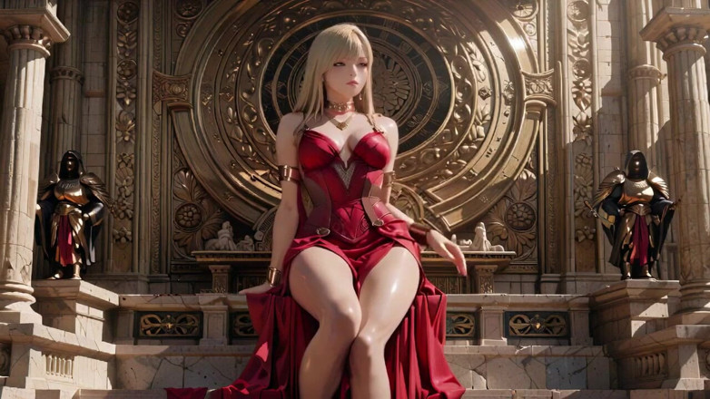 Seraphina Vale: Blond królowa w czerwieni! Siedząc przy fontannie, dostosowując swoją rozciętą...