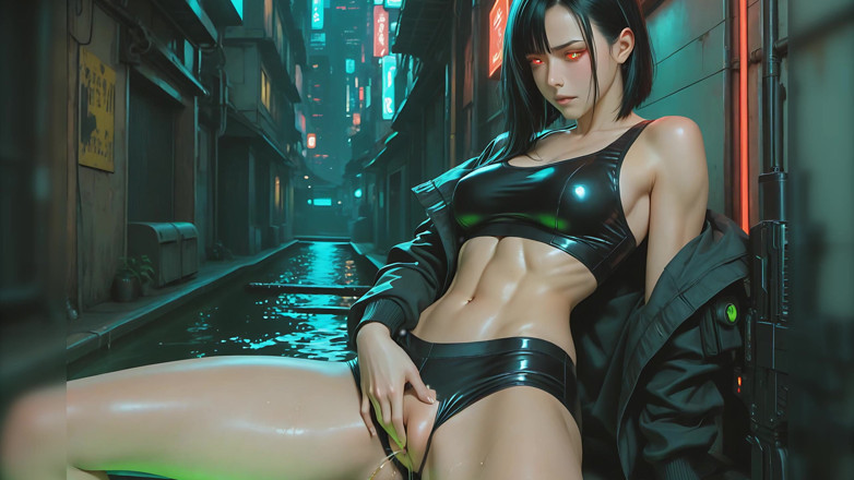 LustRender: Cyberpunk - femeie samurai de pe stradă care eliberează pișare lungă și...