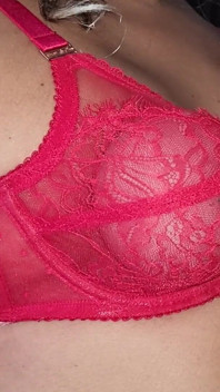 Sensual Red Lace Bra, Spandex Gloves, Caressing My Round and Firm Tits