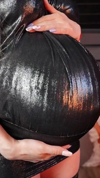 Pregnant in Stockings and Tight Dress Get Oil on Belly