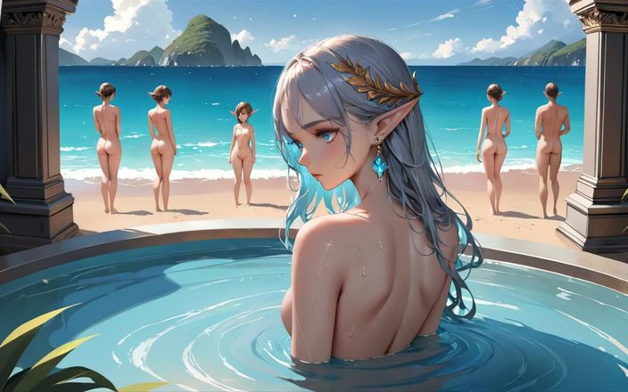 AI Girls: O fată elf făcând baie în legare în timp ce alții o...