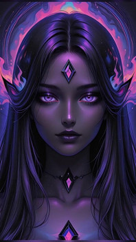Mystische kosmische göttin mit glühenden violetten augen, dunkle fantasie-ai-kunst-diashow
