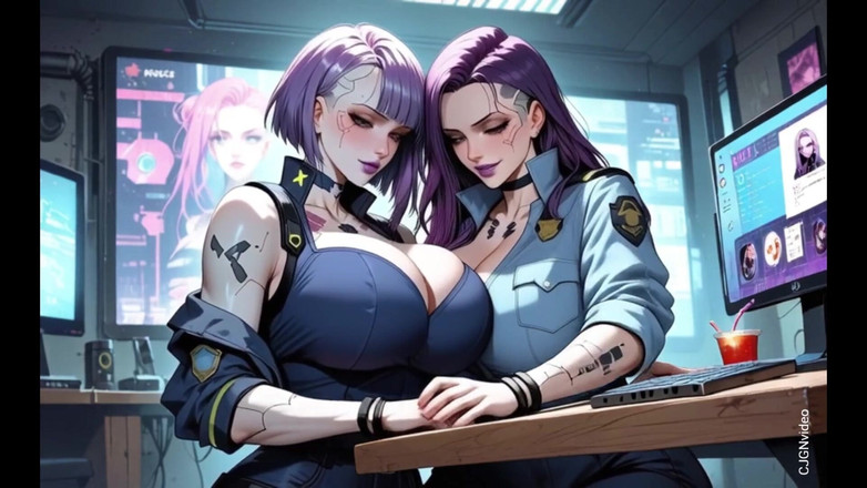 Hot girl dancing: दो साइबरपंक महिलाएं कपड़े उतारती हैं और चुंबन लेती हैं, (ai एनीमेशन)