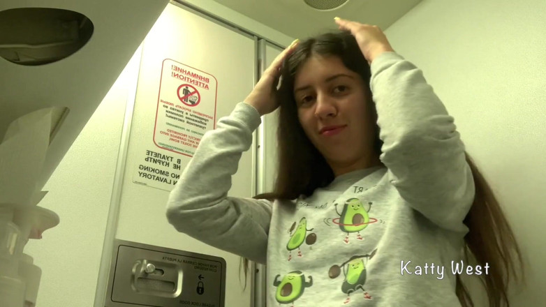 Katty West: Risky Masturbation in an Airplane Toilet. Almost Caught Without Panties...