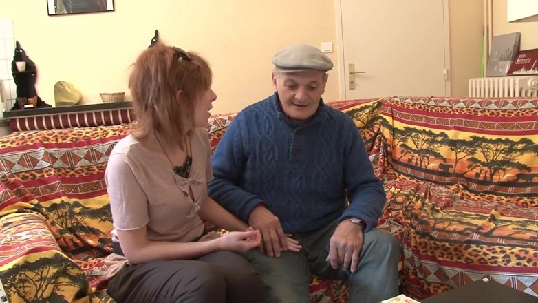 Nude in France: Trashy redhead has threesome with young and old man