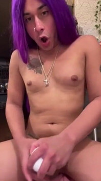 Purple Haired Tgirl Gets Webcam Slutty