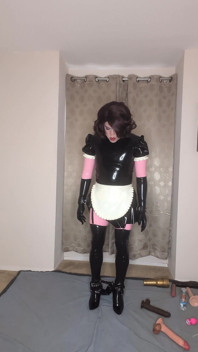 Latex Catsuit and Maid Dress Sissy Tries to Fuck Both of Her Holes with Dildos