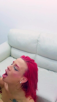 Redheaded Trans Gets Fucked by a Strong Black Guy: Cum Swap in the Mouth and Dick Beating on the Couch