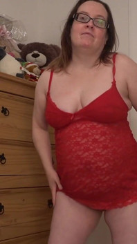 Sexy Wife in Red Lingerie Striptease Showing of Big Breasts