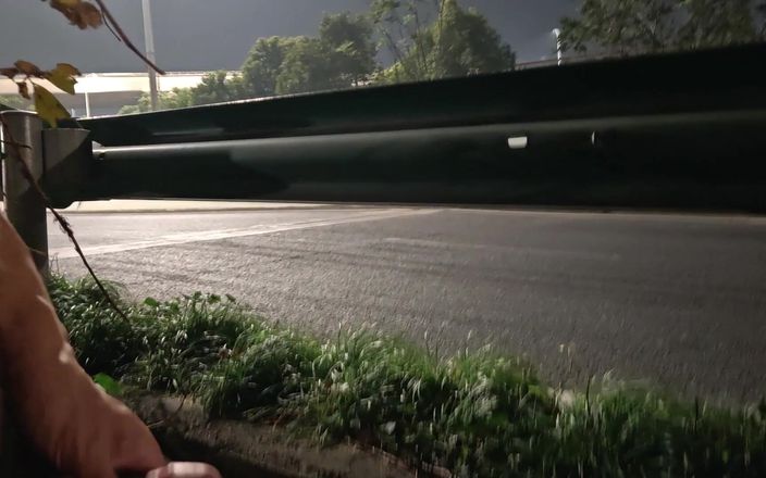 ChineseBisexual: Masturbation à poil sur le côté de l’autoroute la nuit