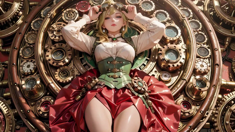 Seraphina Vale: Steampunk Blonde Sekretarka! Leniwe pozuje wśród gigantycznych biegów