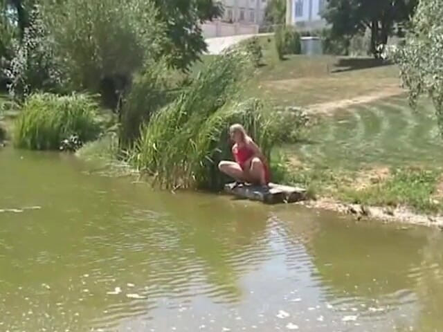 Femdom Austria: Blonde bitch spied on while pissing outdoors