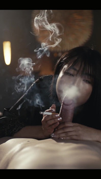 VEDERE LA PERSOANA 1: Fată japoneză suge fum în timp ce suge pula - Emiri Momota fumând fetiș cu țigări