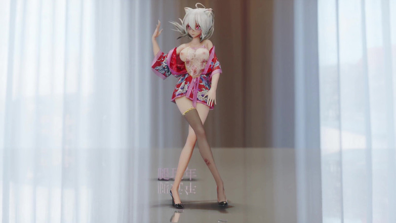 MikuMotion: Chokladkräm cheongsam; Svarta strumpor; Röd-soled höga klackar