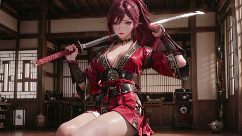 Seraphina Vale: Crimson Samurai! Rudowłosy wojownik klęczący na słońcu