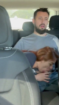 Couple Fucks in Uber Car During Traffic - Redhead Swallows Cum and Lets It Drip Out of Mouth