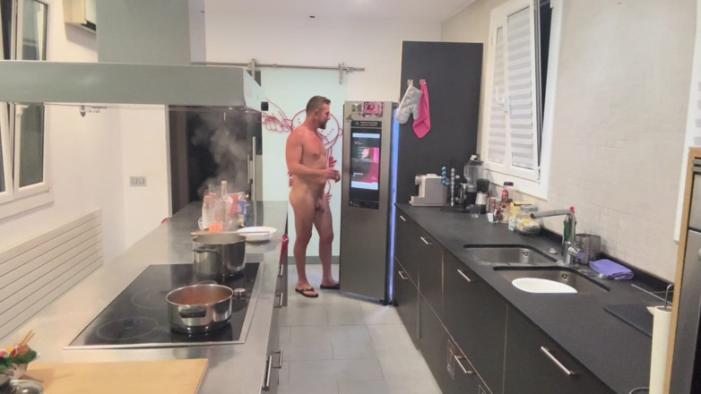 Pablo Pixx: Nude Italian Chef Cooking Spaghetti