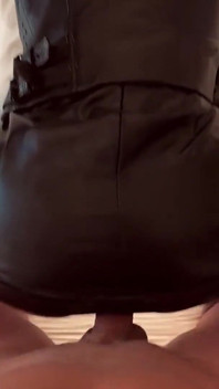 Doggy Fucked in Full Leather + Stockings. Cumshot on Ass in Leather Skirt